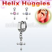 ehhz14 helix huggie w a dangling cross with a central round cz