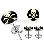 er194 pair of steel ear studs w white skull crossbones