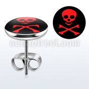 er197 pair of steel ear studs w red skull crossbones