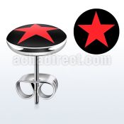 er201 pair of stainless steel ear studs w red star on black