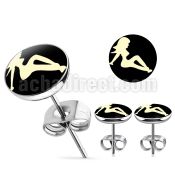 er203 pair of stainless steel ear studs with mudflap girl logo