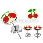 er204 pair of stainless steel earring studs with cherry logo
