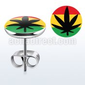er206 pair of steel earring studs w marijuana on rasta color