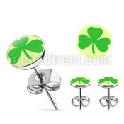 er236 pair of stainless steel ear studs w shamrock on white