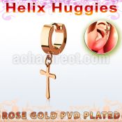 er268cr tiny rose gold steel helix huggie w cross dangling
