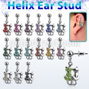 erbd1 316l steel helix ear stud ball w dangling crystal cat
