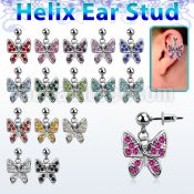 erbd3 316l steel helix ear stud ball with crystal butterfly