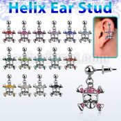 erbd8 316l steel helix ear stud ball w crystal studded skull