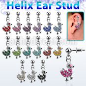erbd9 316l steel helix ear stud ball with crystal studded duck