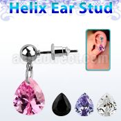 erbz409 316l steel helix ear stud ball with dangling pear cz