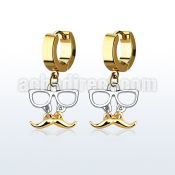 erg507 gold steel huggies earrings w dangling mustache glasses