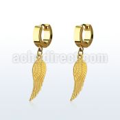 erg584 gold steel huggies earrings w dangling bird wing
