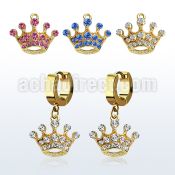 erg703 gold steel huggies earrings w dangling crystal crown