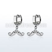 erh519 steel huggies earrings w dangling happy mustache 