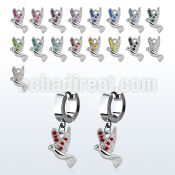 erh550 steel huggies earrings w dangling dove w tiny crystals