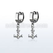 erh699 steel huggies earrings w dangling plain anchor w rope