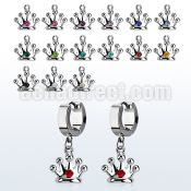 erhcr2 steel huggies earrings w dangling crown w single crystal