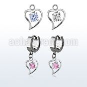 erhz17 steel huggies earrings w round cz inside heart dangling