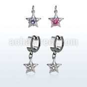 erhz414 steel huggies earrings w dangling star shape w round cz