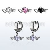 erhz586 steel huggies earrings w dangling heart shaped cz w wing