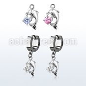 erhz7 steel huggies earrings w dangling dolphin w round cz