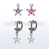 erhzs6 steel huggies earrings w dangling 6mm star shaped cz