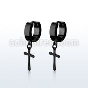 erkcrs black steel huggies earrings w dangling plain cross