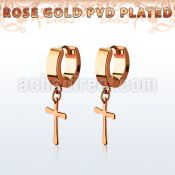 errcrs rose gold steel huggies earrings w dangling plain cross