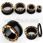ftac black acrylic screw fit flesh tunnel with leopard fur