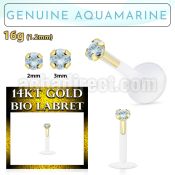 gbige8 bioflex labret w push in 14kt gold w prong aquamarine