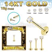 glbzx 14k gold labret round clear cz push pin prong