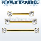 gold steel nipple barbell w prong set round czs