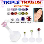 hexgz bioflex triple tragus piercing w prong set cz silver top