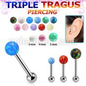 hexiop steel triple tragus piercing w 3mm synthetic opal ball