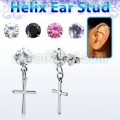 hexzd36 plain 925 silver helix ear stud w dangling plain cross 