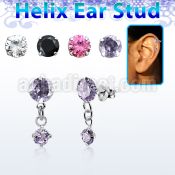 hexzd37 silver helix ear stud w dangling 3mm round prongset cz 