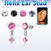 hexzd38 silver helix ear stud w dangling 3mm square prongset cz 