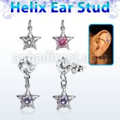 hexzd45 silver helix ear stud w dangling star w a round cz 