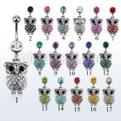 mcd441 316l steel belly banana with dangling crystal owl