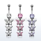 mcdz289 316l steel belly banana w a chain of 3 cz butterflies