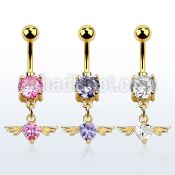 mdgz367 gold 316l steel belly banana w dangling heart cz stone