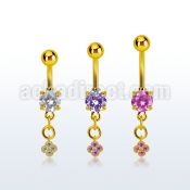 mdgz411 gold steel belly banana w dangling flower w cz stones