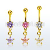 mdgz413 gold steel belly banana w dangling flower w prongset cz