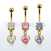 mdgz419 gold cz belly banana w dangling heart w cz center