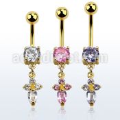 mdgz518 gold anodized belly banana w a dangling cz cross