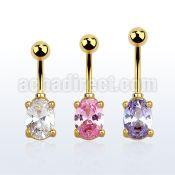 mdgz526 gold 316l steel belly banana w an 7x5mm oval cz stone