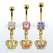 mdgz590 gold steel belly banana w cz dangling crown w cz