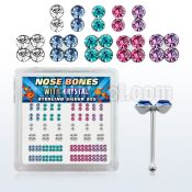 nbbxm1 box of silver nose bones w twin quad colored crystals