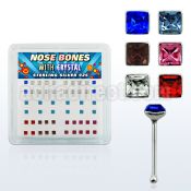 nbsqbx box of silver nose bones with 2mm square shaped crystals