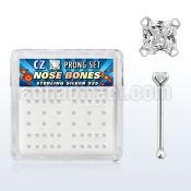 nbzqc box of silver nose bones with 2mm square clear prong cz